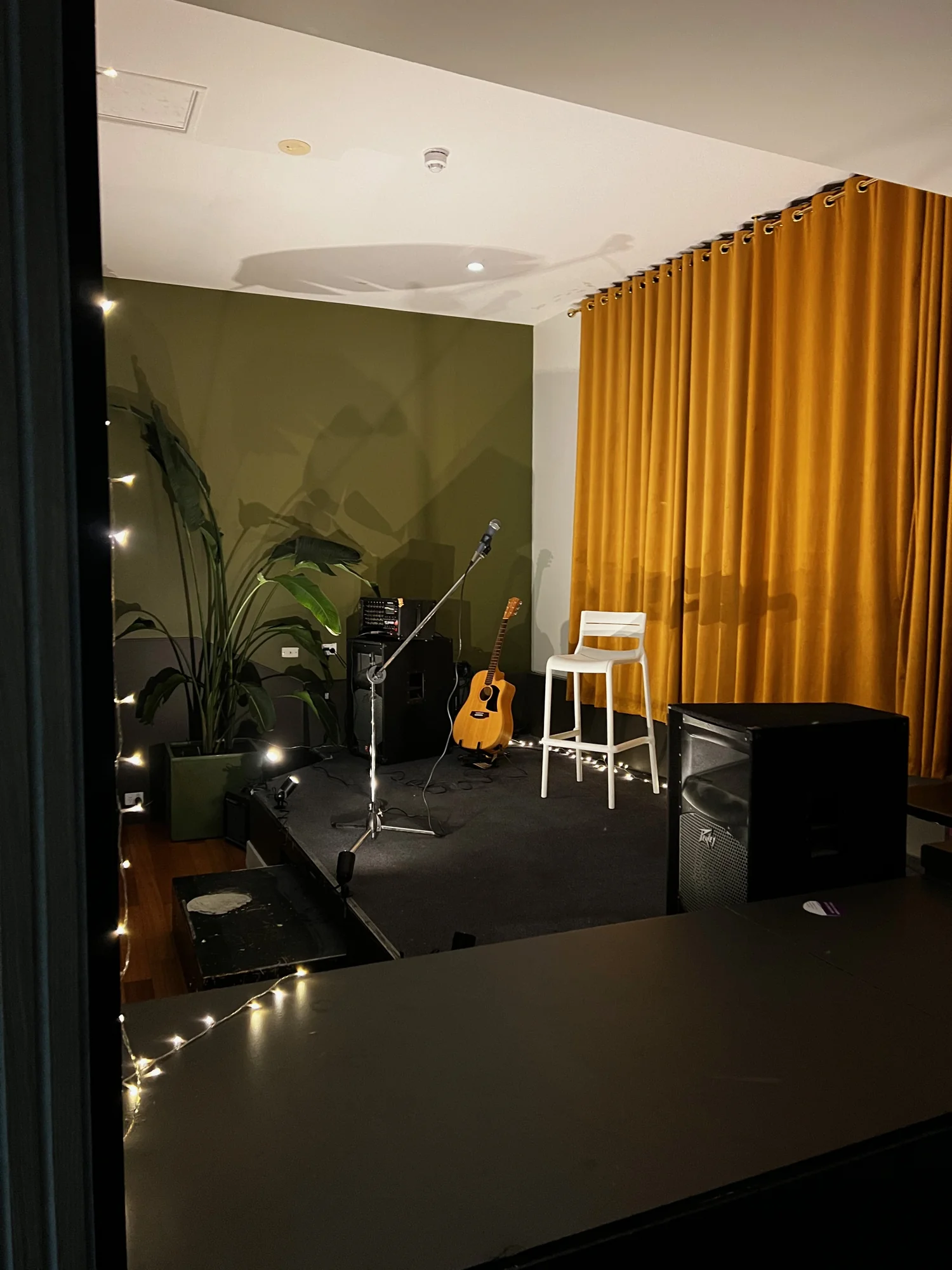 Guitar and microphone on the upstairs function-room stage at the Queen’s Head Hotel